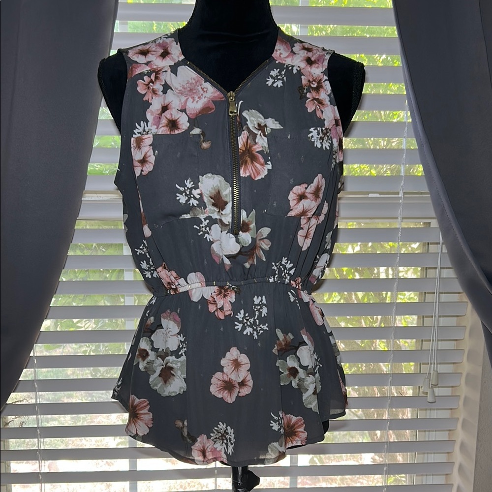 Pink and White Floral on Grey Summer Blouse.